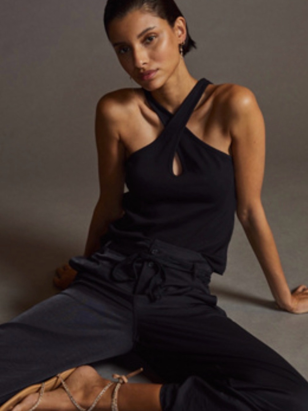 Anthropologie Black Ribbed Crisscross Neckline Tank
